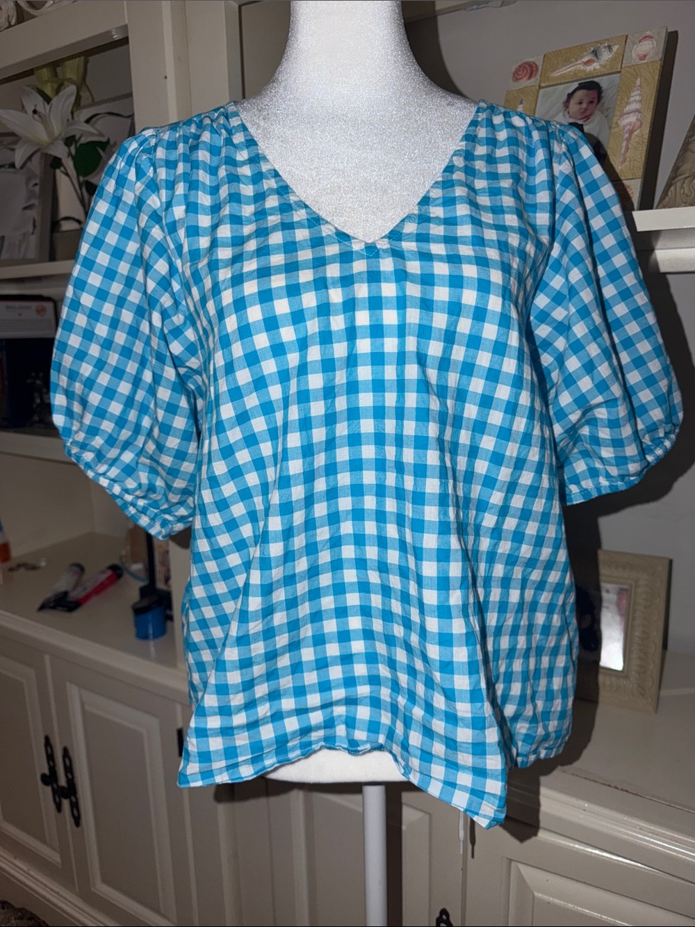 J. Crew Blue and White Gingham V-Neck Puff Sleeve Top
